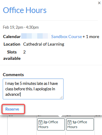 Screenshot of appointment being clicked on in student view with the reserve link highlighted in a red rectangle