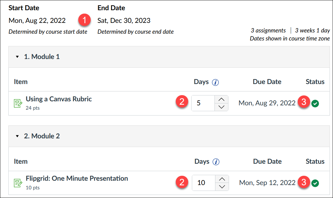 Screenshot of start and end dates for courses that are using paces in Canvas.