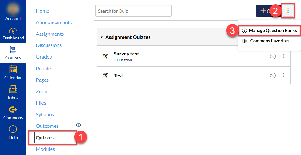 Screenshot of quizzes page in canvas with sections 1-3 highlighted in red rectangles