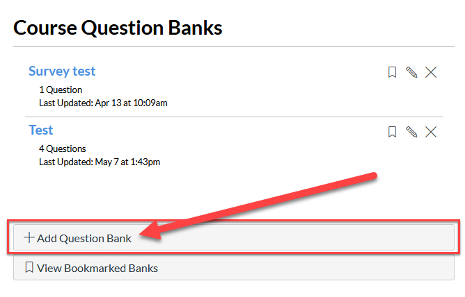 Screenshot of "add question bank" button highlighted in a red rectangle with a red arrow pointing to it