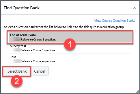 Screenshot of new question bank selected and highlighted in a red rectangle