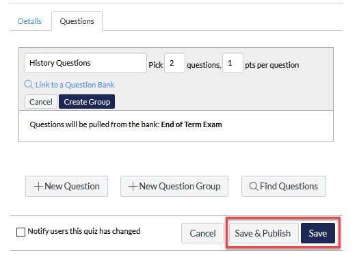 Screenshot of finished quiz with Save and Save and Publish buttons highlighted in a red rectangle