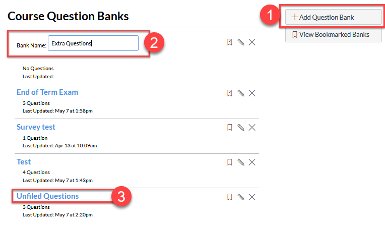 Screenshot of adding new question bank and naming it. sections 1-3 highlighted in red rectangle