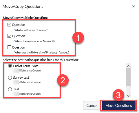 Screenshot of move questions options with sections 1-3 highlighted in red rectangles