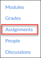 Assignments menu item in canvas highlighted with a red rectangle.