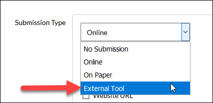 Screenshot of Submission Type drop down menu in Canvas with red arrow pointing to "External Tool" option.