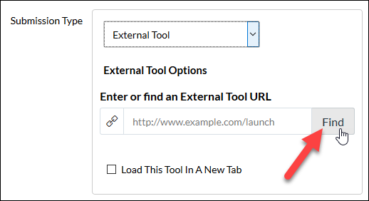 Screenshot showing submission type screen with External Tool selected and red arrow pointing to the find button next to a text field. 