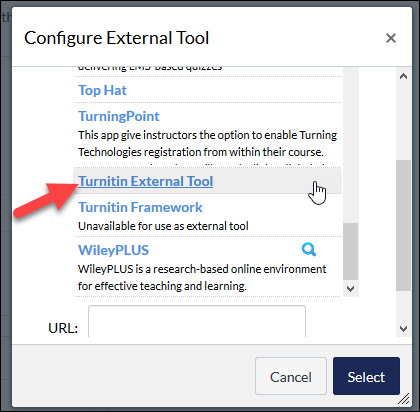 Screenshot showing external tool list in Canvas with red arrow pointing to Turnitin External Tool link.
