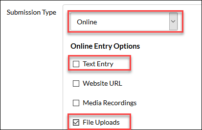 Screenshot in Canvas assignments showing how to select Online and the different options available with red rectangles highlighting choices.