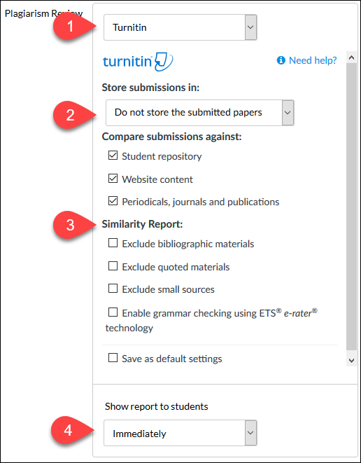 Screenshot showing various options for integrating Turnitin with Canvas assignments with numbers 1-4 in red described below. 
