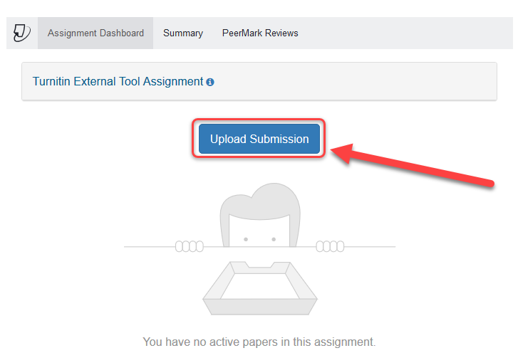 Screenshot of Turnitin assignment with "upload submission" button highlighted in a red rectangle with a red arrow pointing to it.