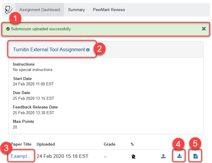Screenshot of Turnitin assignment dashboard with sections 1-5 highlighted in a red rectangle.