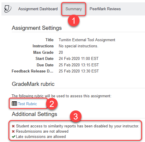 Screenshot of Turnitin assignment summary with sections 1-3 highlighted in a red rectangle.