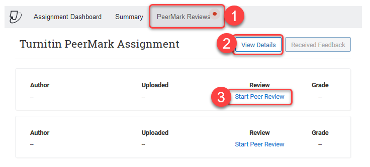 Screenshot of PeerMark assignments in Canvas with sections 1-3 highlighted in a red rectangle.