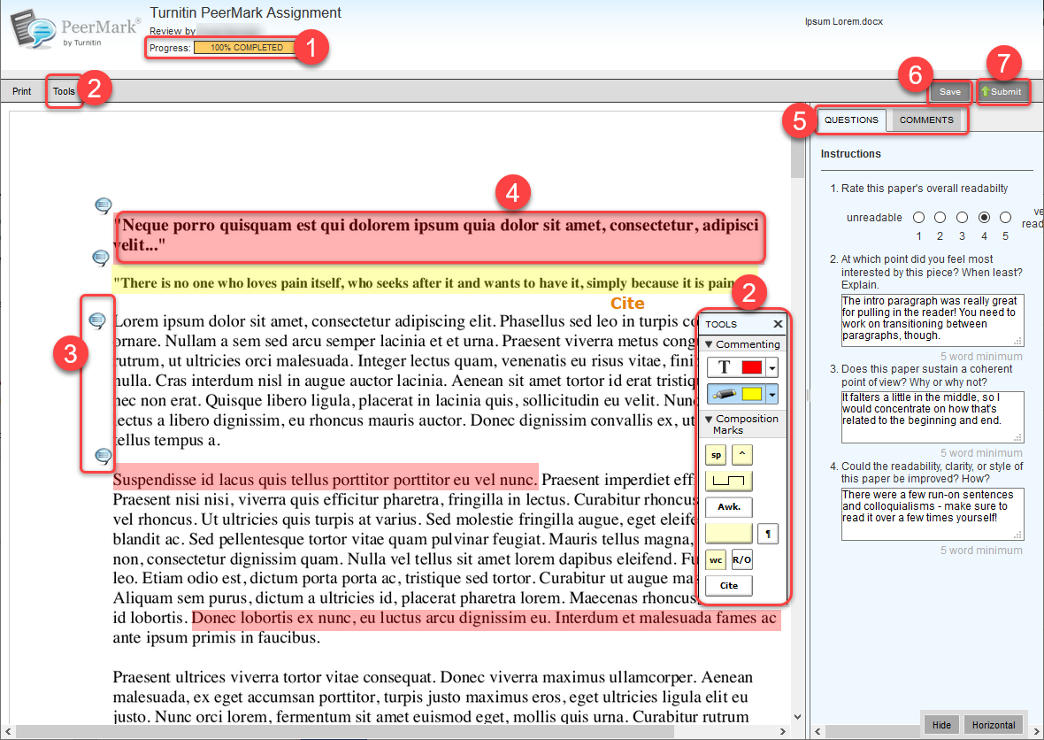 Screenshot of PeerMark tools with sections 1-7 highlighted in a red rectangle.