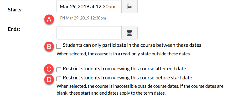 Screenshot showing options for publihsing a course in Canvas with red circles and the letters A-D (as described in the text) highlighting checkboxes.