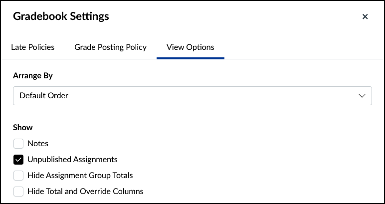 Screenshot illustrating the Gradebook Settings panel. Available check boxes include Unpublished Assignments, Hide Assignment Group Totals, and Hide Total Overrides Column.