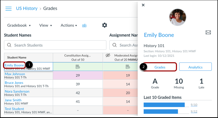 Screenshot illustrating the location of the Grades button from the student detail sidebar that opens when selecting a student name from the gradebook.