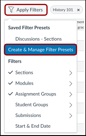 Screenshot illustrating the apply filters button. Create & Manage Filter Presets is selected from the menu for emphasis.