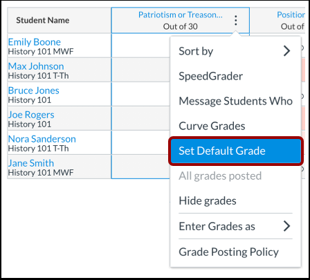 Screenshot illustrating the contextual menu of a gradebook assignment column. The cursor is highlighting Set Default Grade around the middle of the list of choices.