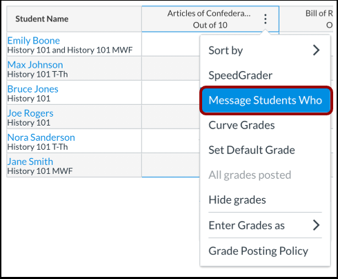 Screenshot illustrating the contextual menu of a gradebook assignment column. The cursor is highlighting Message Students Who near the beginning of the list of choices.