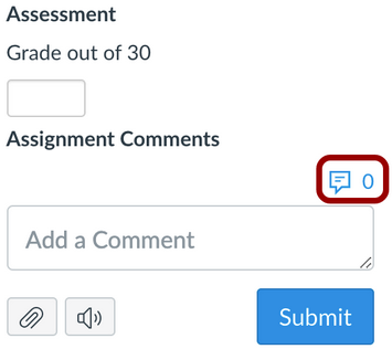 Screenshot illustrating the location to find the comment library button from SpeedGrader above the add a comment input box.