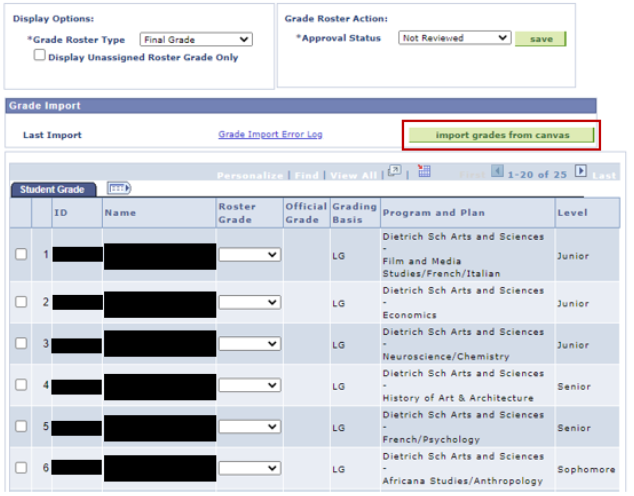 Screenshot illustrating the location of the ‘import grades from canvas’ button from the PeopleSoft Faculty Center grade input screen.
