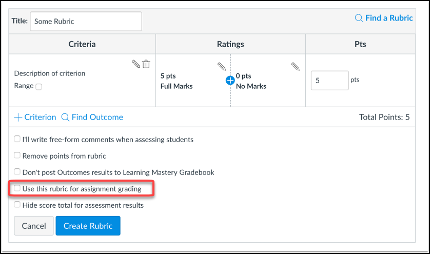 Screenshot illustrating the location of the ‘Use this rubric for assignment grading’ checkbox from the rubric editing screen. The checkbox is fourth of the five available.
