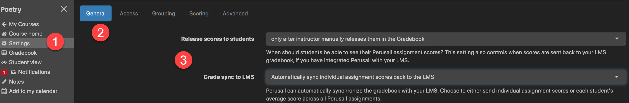 Screenshot illustrating Perusall setting change for LMS grade sync option.