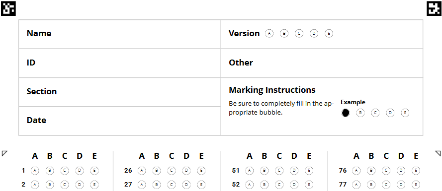 The top of the Gradescope bubble sheet template showing that the student name and ID are free-write boxes.