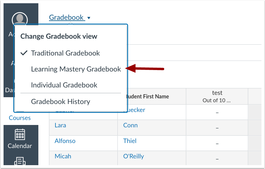 Screenshot illustrating the new Change Gradebook view drop-down menu at the top of the Gradebook page.